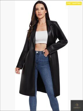 Faux Leather Trench Coat Classic Slim Fit Motorcycle Biker Jacket Fashion